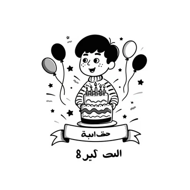 A very colorful, vibrant illustration of a happy little boy celebrating with a birthday cake with lit candles, colorful balloons and decorations. Include large, clear Persian text at the bottom that says: "امیدرضا جان تولدت مبارک" sticker