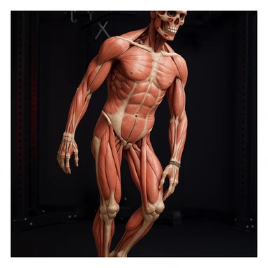 Hyperrealistic anatomical view of the same pose: tilted pelvis, valgus knee, pronated foot, with detailed visible bones and muscles, gym environment, 4K quality. Variant 6: view slightly rotated by 30 degrees. sticker