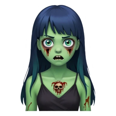 faça uma garota na forma de zumbi com a pele verde, assustada e com os olhos azuis, com o cabelo bem preto com franja e longo e a roupa decotada preta sticker