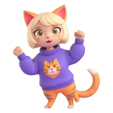 cute 3D cat girl, short hair, energetic pose, oversized sweater, bright eyes, playful vibe sticker