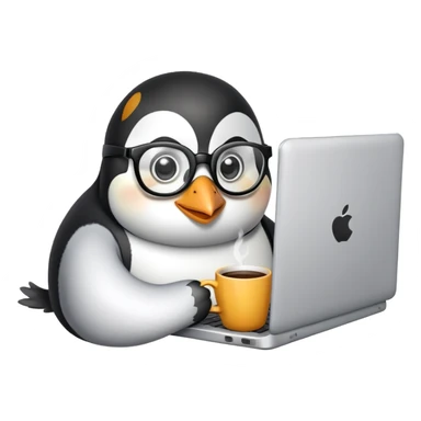 penguin using a laptop and holding a coffee mug sticker