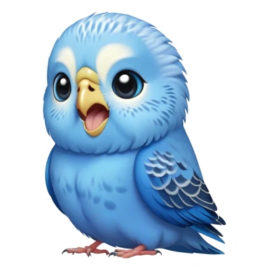 Cinematic Cute Yawning Blue Budgie Portrait Emoji, Head tilted slightly with a dramatic, wide-open yawn, showcasing a soft, downy blue feathered fur with gently drooping wings, round dark eyes barely open in drowsy contentment, Simplified yet irresistibly adorable features, highly detailed, glowing with a soft, cozy glow, high shine, relaxed yet expressive, stylized with a touch of whimsy, bright and endearing, soft glowing outline, capturing the essence of a sleepy yet affectionate budgie, so drowsy it feels like it could stretch out of the screen and curl up for a nap! sticker