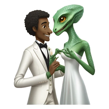 Alien reprilian woman in wedding dress and one humman man in a tuxedo holding hands getting married sticker