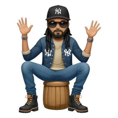 African American man with shoulder length black dreadlocks with black beard wearing black sunglasses wearing a black New York Yankees logo baseball cap wearing denim skinny jeans and timberland boots with thumbs down sticker