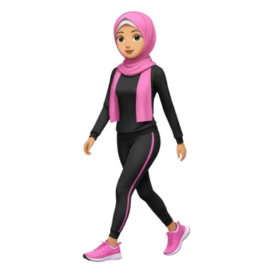tan skin, hijabi young women in pink hijab, going for walk in black active wear clothing full body, walking  sticker