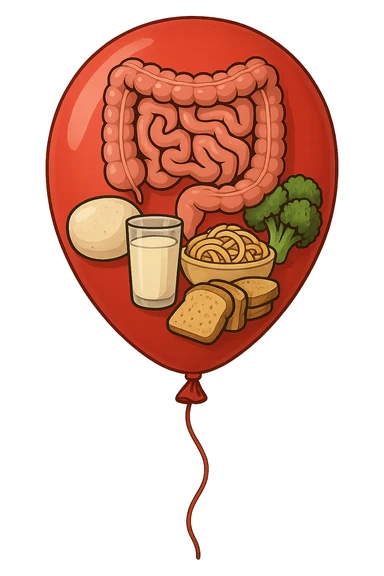 PALLONCINO ROSSO CON DENTRO UN INTESTINO UMANO, UNA MOZZARELLA, UN BICCHIERE DI LATTE, UNA BOWL DI PASTA, QUALCHE BROCCOLO, QUALCHE FETTINA DI PANE sticker