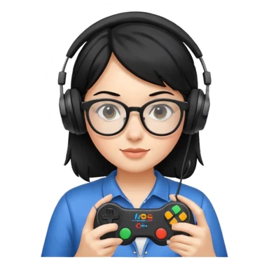
gamer, black hair girl with glasses, headphone, gamepad sticker