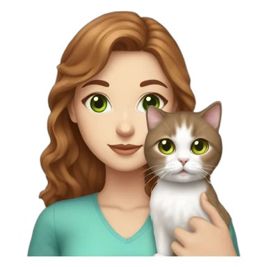 white girl with brown wawy hair and blue eyes, who hold a small persian cat with green eyes sticker