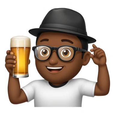 criar emoji de homem loiro com óculos escuros pretos esportivos, lata de cerveja na mão e boné preto na cabeça sorrindo sticker