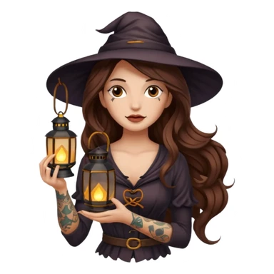 tired night witch woman long wavy brown hair tattoos holding lantern sticker