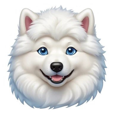 Cinematic Comical Samoyed Portrait Emoji, Head tilted dramatically with an exaggeratedly amused expression, featuring a striking, fluffy white Fur with a radiant sheen, wide, expressive blue eyes filled with playful disbelief, Simplified yet hilariously expressive features, highly detailed, glowing with a slightly sassy glow, high shine, dramatic yet playful, stylized with an air of cheeky mischief, bright and endearing, soft glowing outline, capturing the essence of a spirited and over-the-top companion, so meme-worthy it feels like it could side-eye its way into internet fame instantly! sticker