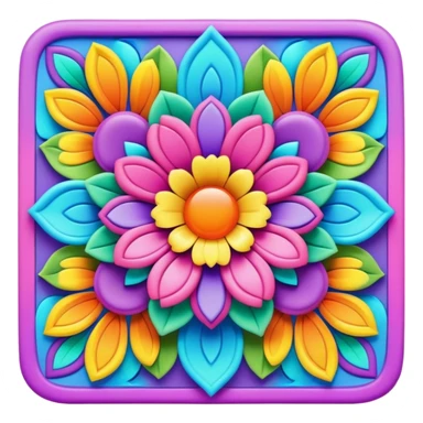 Create a 3D ultra detailed psychedelic colored square shaped hippie style flower border sticker