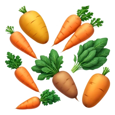 Plant sources of vitamin A (carotenoids): carrots, sweet potatoes, spinach, kale, mangoes, and apricots glowing with a soft orange-yellow light representing their provitamin A content that needs to be converted by the body. sticker