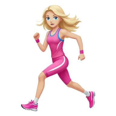 A cinematic realistic blonde with long hair and blue eyes, dressed in a pink sports outfit, runs sticker
