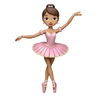 3D render of Ballerina Puppet as a wooden marionette puppet, Wood joints at knees, dancing pose, silver metal screw joints at elbows and knees, polished brown wood texture, rigid toy pose, Apple emoji style, isolated on white background --v 6.0. sticker