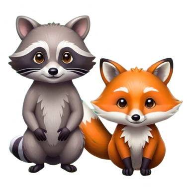 Collage of a raccoon and a fox, in close-up, surrounded by a colorful forest with rich green trees, thick bushes, and vibrant foliage. Sunlight peeks through the branches, casting warm light on the animals. A lively, natural setting with a transparent background. sticker