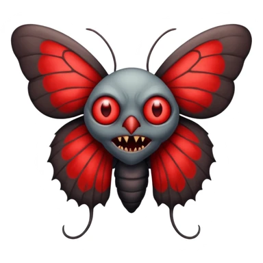 Create a scary emoji of the mothman with bright red eyes and as depicted in the legend. Make it less bird like and more Moth / Human hybrid sticker