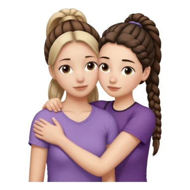 Comforting Hug two white skin women, one shorter woman with medium brown simple top ponytail, not braided, and one taller woman with a single long black side braid sticker