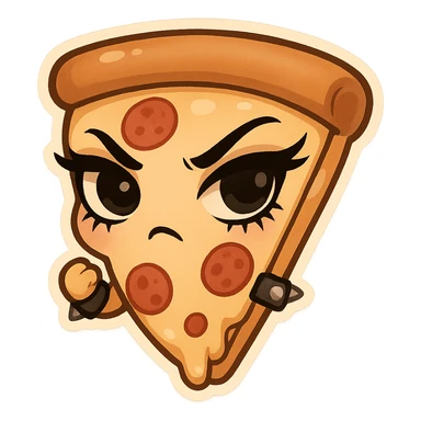 chibi sticker-style slice of pizza with a studded bracelet and dark eyeliner, cute and exaggerated sticker