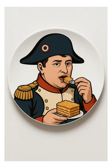 Сгенерируй мне такую тарелку, на которой лежит наполеон бонапарт, и кладет себе в рот кусочек торта наполеон. Вид сверху sticker
