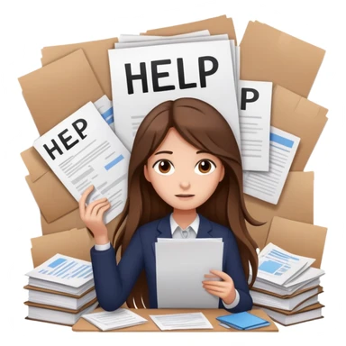 Girl with long brown hair holding a ‘help’ sign while surrounded by messy paperwork elegant  sticker