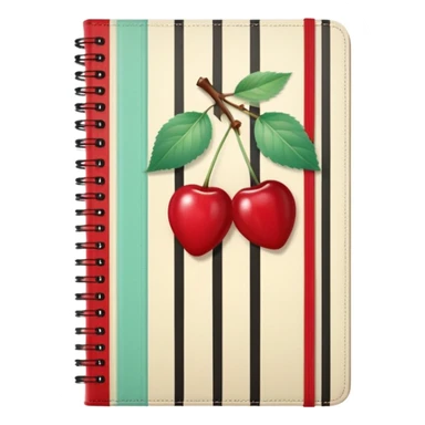 Cute vintage notebook cover, mint and cream vertical stripes, red spine
Hand-drawn cherries with leopard bow, playful feminine aesthetic
Flat illustration, clean composition, soft retro color palette sticker