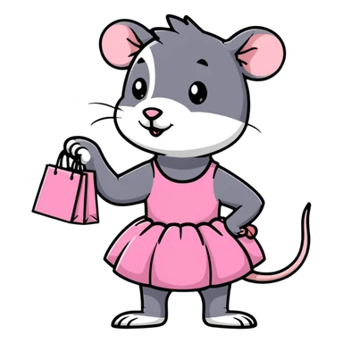 rat with a pink dress and tutu holding a black and white striped shopping bag sticker