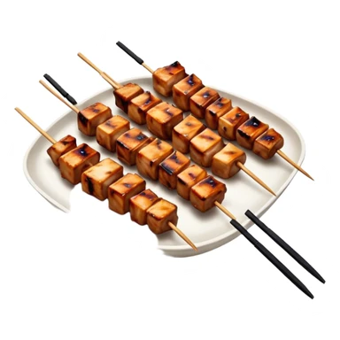 Cinematic Realistic Yakitori Dish Emoji, depicted as skewered, grilled chicken pieces with a charred finish rendered with crisp textures and appetizing, natural lighting. sticker