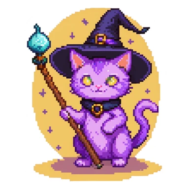 purple cat wearing a witch hat and holding a magic wand sticker