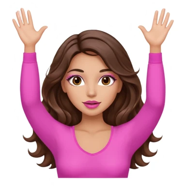 girl with long wavy brown hair, brown eyes, long lashes makeup, sexy pink lips, light to medium complexion, wearing a pink sexy top, both hands in the air high sticker