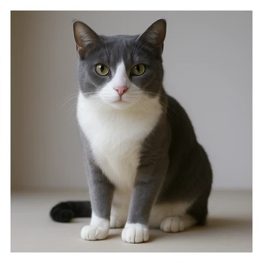 Edit the cat image to have fur only gray on top with no stripes, keep the white nose and underbelly, in a realistic style with lifelike details. sticker