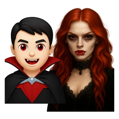 Combine the ginger-haired vampire girl and a classic vampire emoji in a fun composition, both characters clearly visible. Maintain a transparent background. The style should blend the look of a classic vampire emoji with the unique features of the ginger-haired vampire girl. sticker