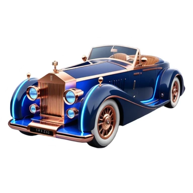 dark blue led lights on a streamlined channeled hot rodded delicately inlaid rose gold and wood accentuated sporty 1889 Rolls Royce with futuristic electric spaceship plasma neon glowing motors and lightening dynamos with wide racing wheels that are held strong by advanced suspension and steering sticker