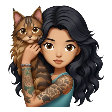 a Chinese girl with long black  Big waves and long hair and tattoos and brown Maine coon sticker