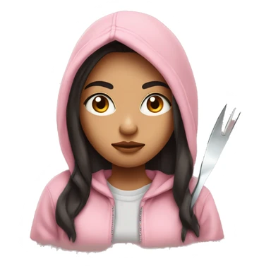 Girl with long dark hair in a light pink hoodie with a serious face holding a butter knife sticker