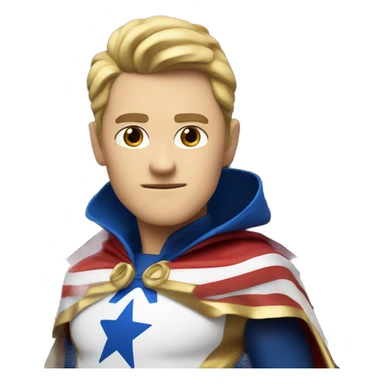 Emoji of Homelander from ‘The Boys’ series. USA flag-inspired costume with cape (red, blue, white). Confident, slightly menacing expression. sticker