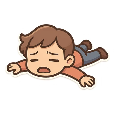cartoonish emoji of a person laying spread eagle on the ground, looking exhausted and defeated, but not too dramatic, suitable for expressing 'not another hard time!' or 'you're kidding me!' moments sticker