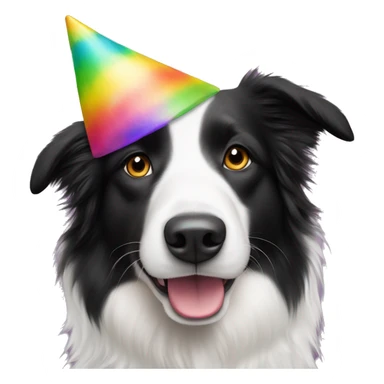 A half-black, half-white, Border Collie wearing a colourful party hat. white sticker