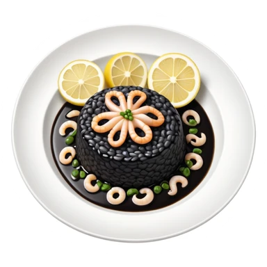 cinematic-realistic-black-risotto-dish,-showcasing-small squid pieces in black sauce -rendered-with-bold-textures-and-dynamic,-dramatic-lighting in a white plate with a grilled lemon on top sticker