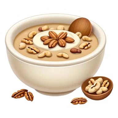 Walnut soup sweet dessert in bowl with nuts, simplified emoji style with bold outlines and bright colors, cartoon style Hetao Hu traditional sweet sticker