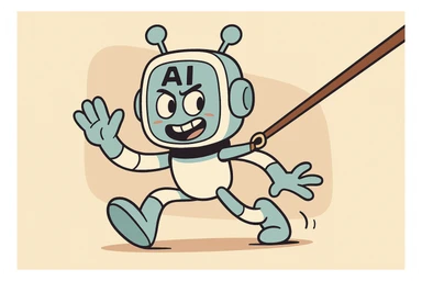 playful AI agent character on a leash, stylized, simple background sticker