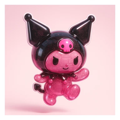 Kuromi character as a glossy sticker with shiny finish, playful pose, pink and black color scheme sticker