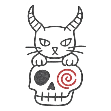 Remove the lollipop from the cat's horn, keep the hand drawn style with bold lines and no fill, preserve the red spiral on the skull, transparent background. sticker