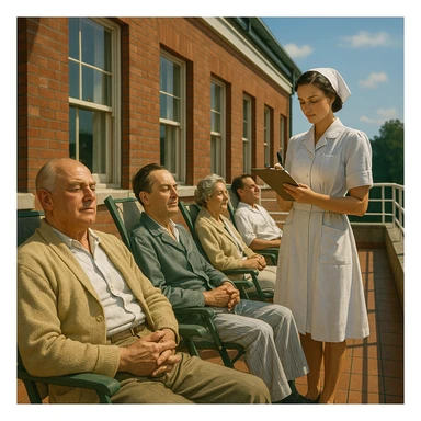 symbolic scene of 1940s hospital terrace with patients sitting in the sun with relaxed expressions, nurse taking notes on a medical chart, atmosphere of trust in solar therapy, realistic details, 4K quality sticker