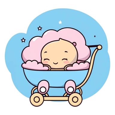 sleeping baby in pink and beige stroller with fluffy pastel blue clouds and shining stars decorating the entire scene sticker