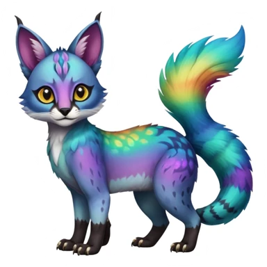 Colorful tropical tribal pale light fruity pastel white glorious iridescent divine exotic cute albino neon vibrant zigzagged cool beautiful fantasy-caracal-civet-genet-sergal-vernid-Gryphon-Cacomistle-Trico-oncilla-animal-Fakémon-hybrid-fursona (full body), facial markings,  sticker