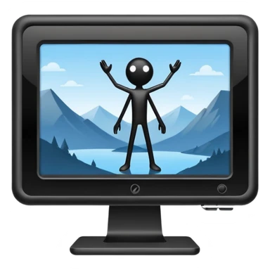 Minimalistic flat vector icon, iOS style, thin black contour on white background. Computer monitor showing a simple stickman character inside a game world. Clean, no text, no shadows sticker