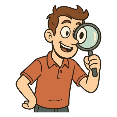 young man with magnifying glass, curious and cheerful expression, comic style sticker