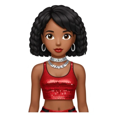 Kelly Rowland with black hair, red sequin crop top and neck bracelet sticker