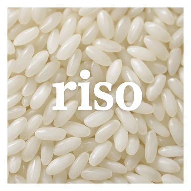 photo realistic close-up of shiny white rice grains with the word 'riso' in Italian on the image sticker